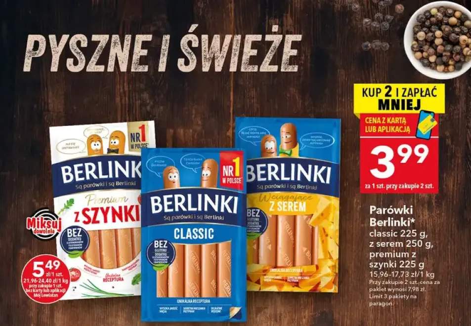 Parówki Berlinki classic, z serem, premium z szynki