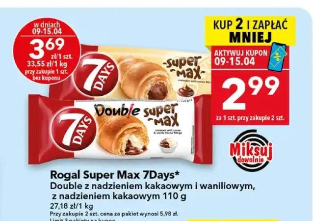 Rogal Super Max 7Days Double z nadzieniem kakaowym i waniliowym, z nadzieniem kakaowym