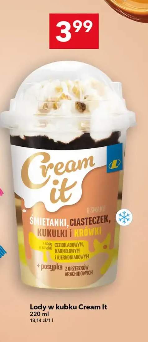 Lody w kubku Cream It o smaku śmietanki ciasteczek kukułki i krówki