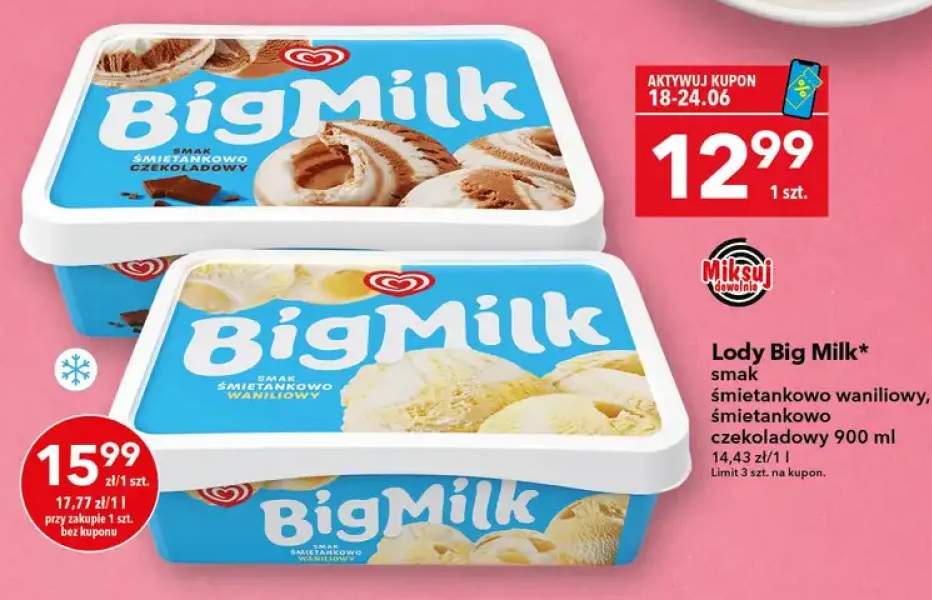 Lody Big Milk smak śmietankowo-waniliowy +1 wariant