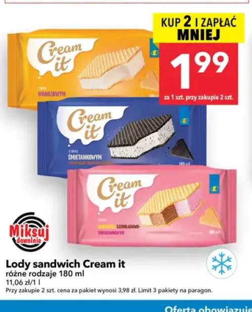 Lody sandwich Cream it o smaku śmietankowym z kawałkami czekolady mlecznej +2 warianty