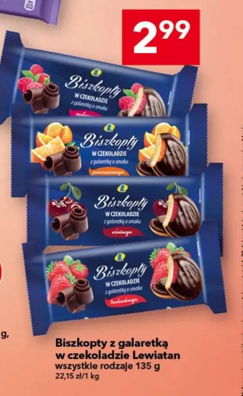 Biszkopty z galaretką w czekoladzie o smaku malinowym Lewiatan +3 warianty