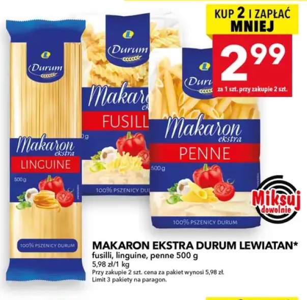 Makaron ekstra durum fusilli Lewiatan +2 warianty